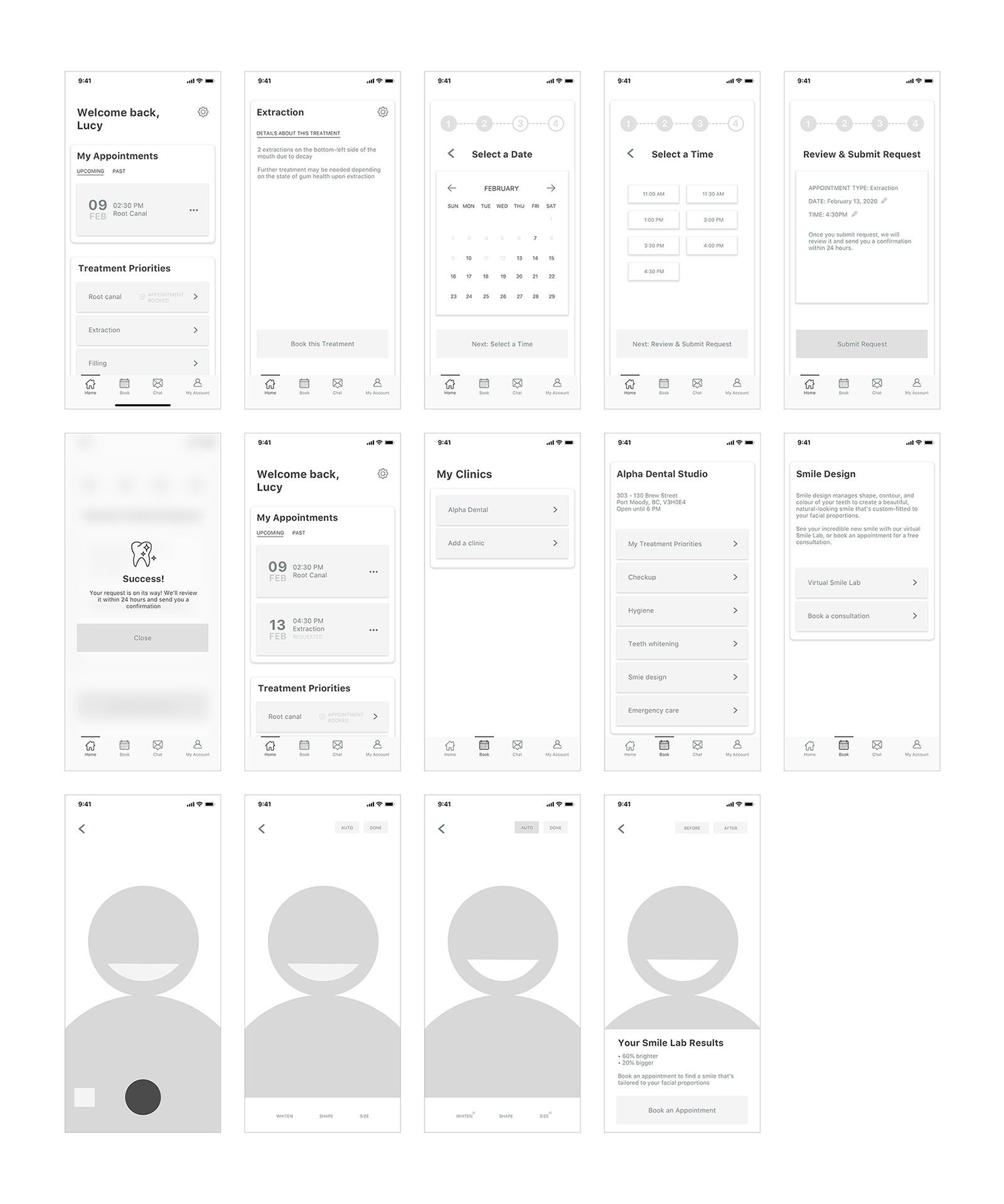 First wireframes of the citrus app with smile design feature