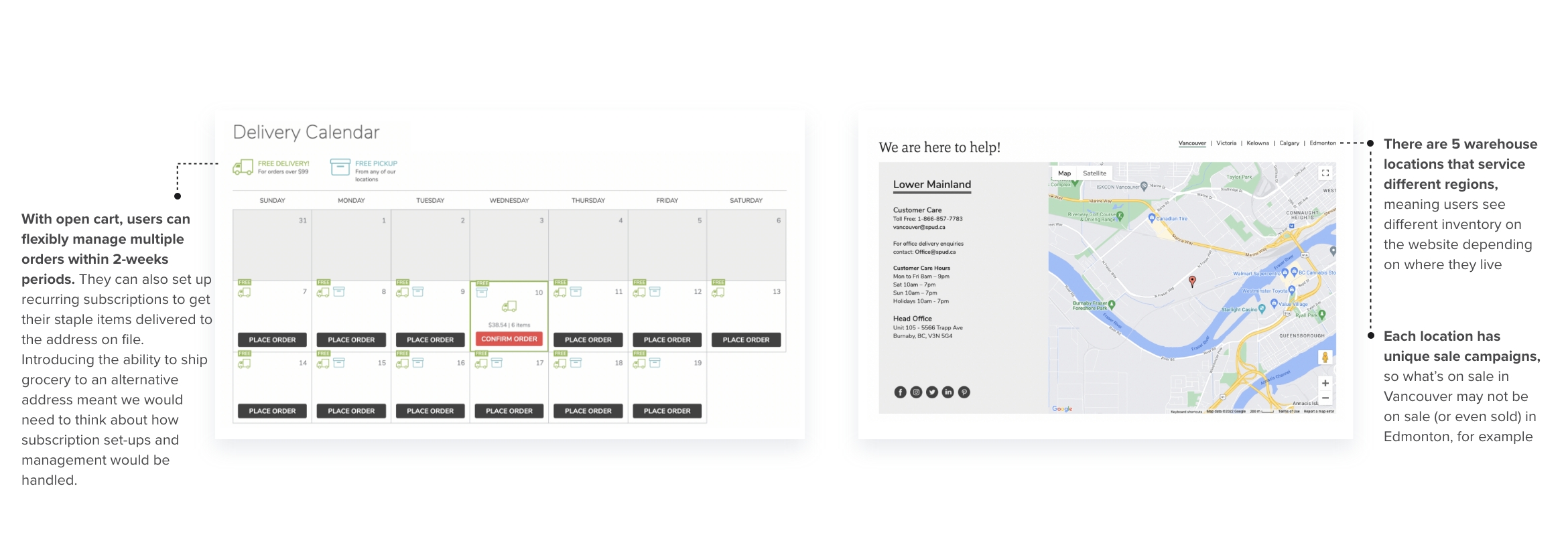 Research annotations of Spud's current state (delivery calendars and warehouse locations)